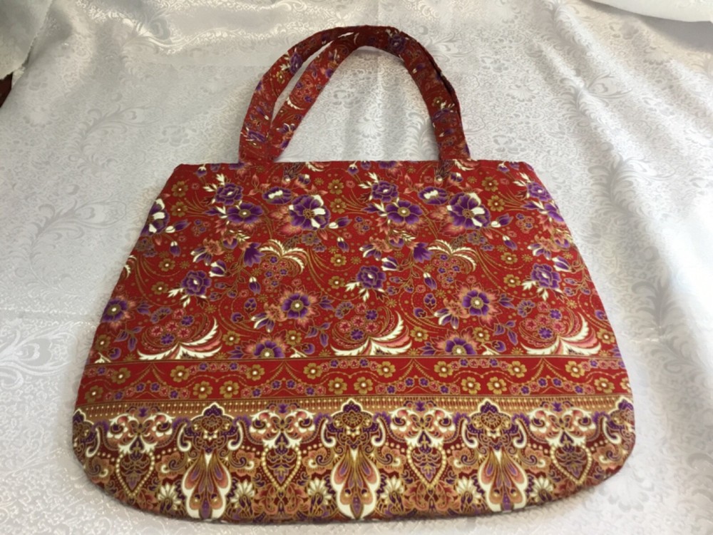 Bag Purse Tote by Tavi Red Purple Gold Gilded Accent Fabric 16”x13.5”
