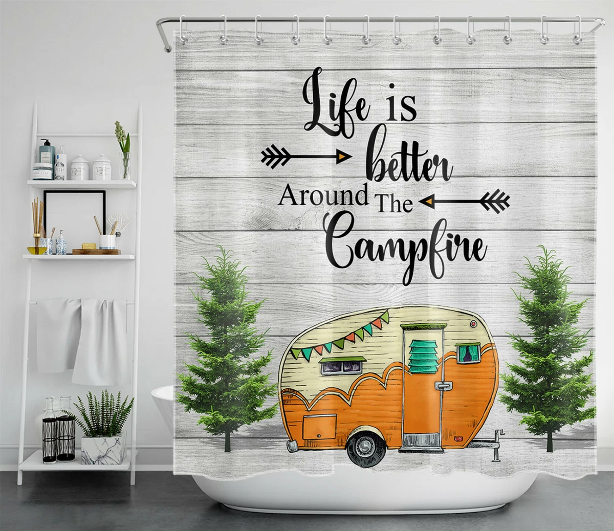 Happy Camper Rv Shower Curtain Rustic Farmhouse Camping Trailer Bathroom Decor