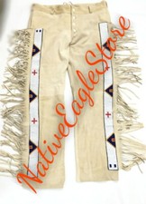 Old Native Style Beige Buffalo Suede Leather Sioux Beaded Fringes Pant NP2