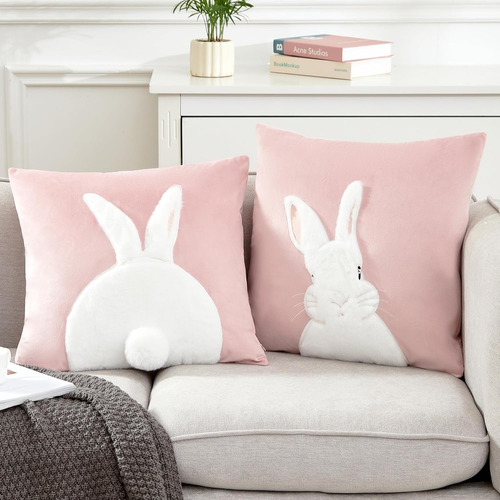 Pack of 2 Spring Easter Pillow Covers 18X18 Inch,3D Embroidered Bunny Rabbit Thr
