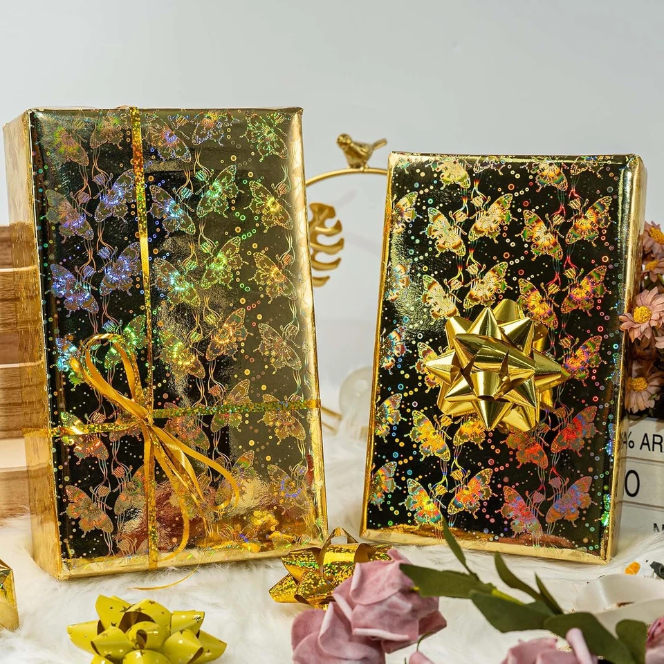Holographic Gold Butterfly Wrapping Paper Roll - 17 Inches X 32.8 Feet - Image 4 of 4
