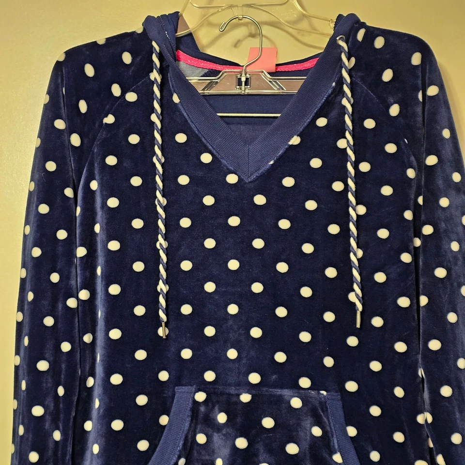 Conjunto de pijama Jenni by Jennifer Moore de terciopelo con capucha a lunares - azul/blanco, talla M Foto 4 de 4