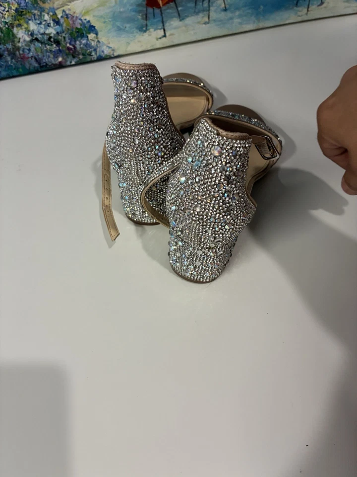 Betsey Johnson Silver SB Hale Rhinestone Bling Heel Strappy Sandals Size 8 - Image 4 of 4