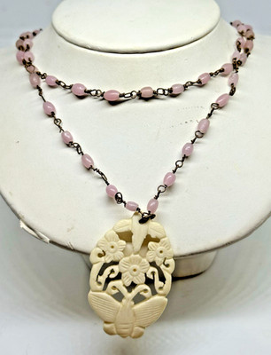 Old Chinese Export 2 Strand Necklace 925 Silver Lavender Jade Bead Coral Pendant