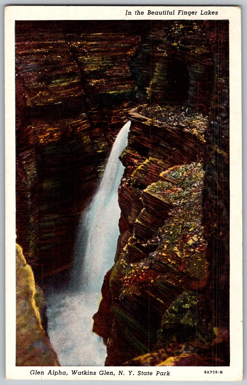 Vtg Linen Postcard Glen Alpha Waterfall Watkins Glen, NY 1930s