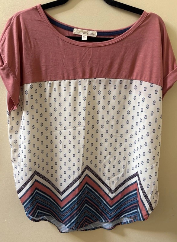 Rewind Women’s XL Pink/White/Blue Geometric Scoop Neck Short Sleeve T-Shirt