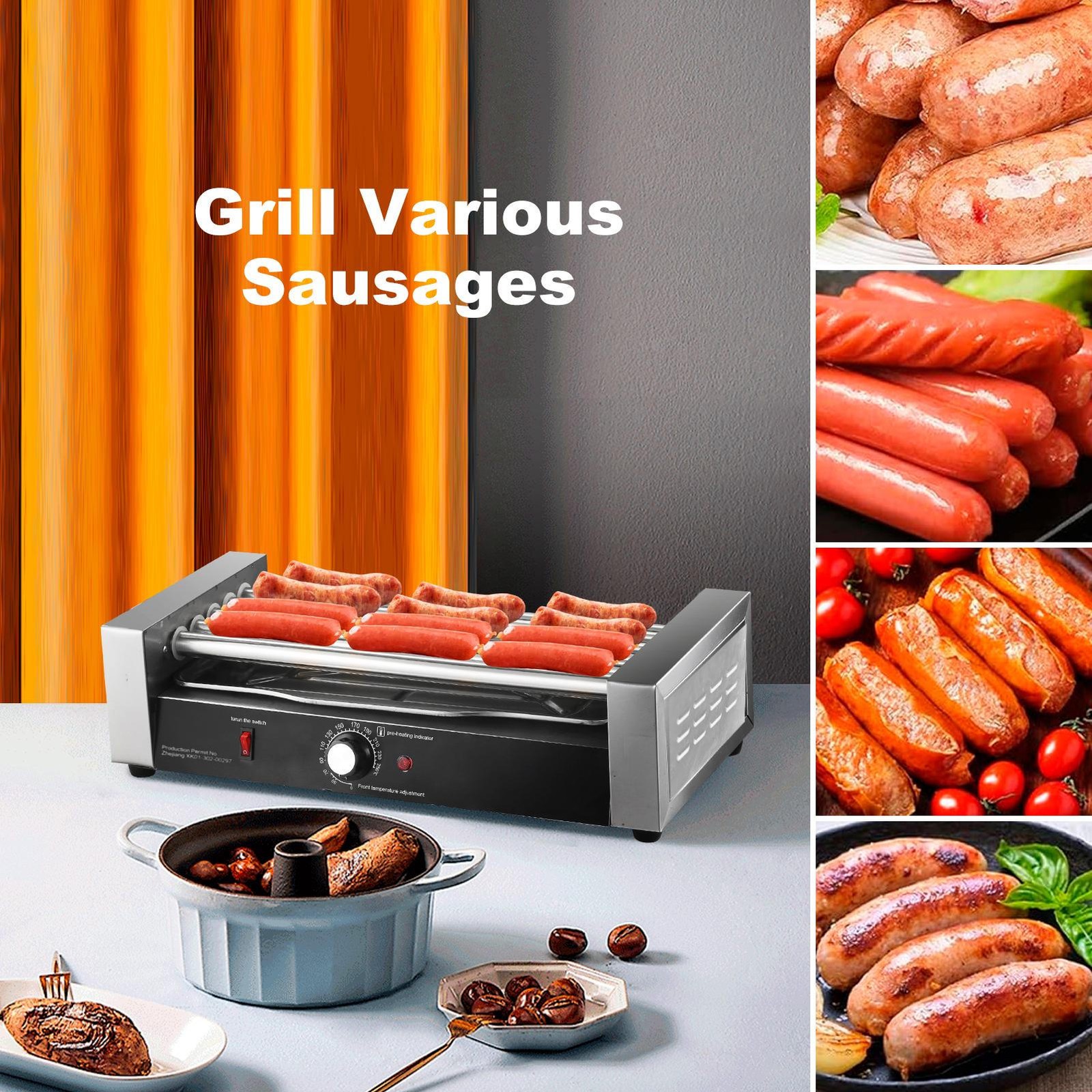 Commercial Electric 12 Hot Dog 5 Roller Grill Cooker Machine W/Bun Warmer 850W