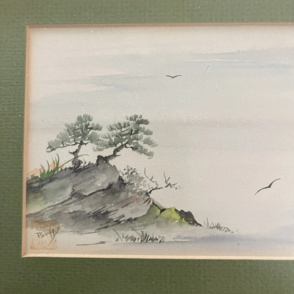 Juego de (2) pinturas originales vintage de paisaje acuarela años 70 y pájaros azules Foto 3 de 4