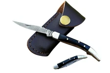Handmade Damascus Steel Pocket Knife Folding Knife Buffalo Horn Handle w/Sheath