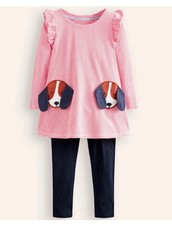 Mini Boden Frill Tunic Leggings Set Puppy White Red Stripes 7-8