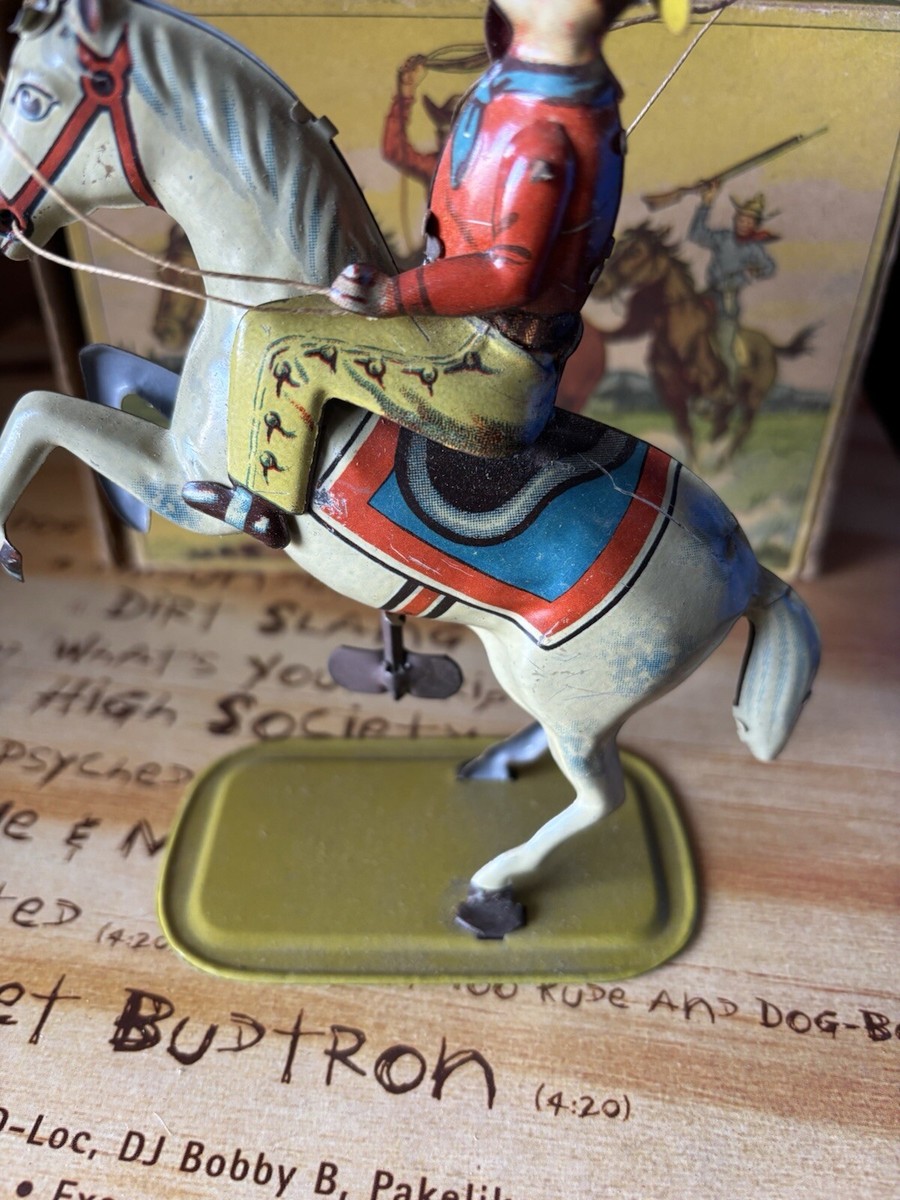 Vintage Tin Toys Cowboy On A Horse With Lasso Windup Keim
