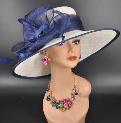 White Navy Blue Wide Brim Sinamay Hat, Kentucky Derby Hat  display picture 3