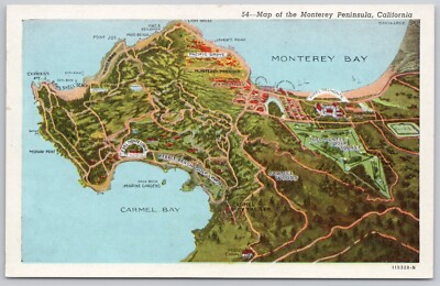 Monterey Peninsula Map California White Border Postcard