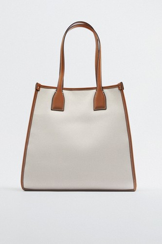 Zara Canvas Fabric Shopper Shoulder TOTE Bag NEW with TAGS & BAG COVER - Picture 3 of 10