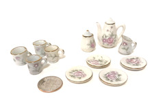 DOLLHOUSE MINIATURE PORCELAIN COFFEE POT WITH MUGS AND DESSERT PLATES SET