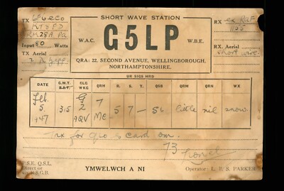 QSL Kartenradio UK G5LP L Parker 1947 WELLINGBOROUGH   W542