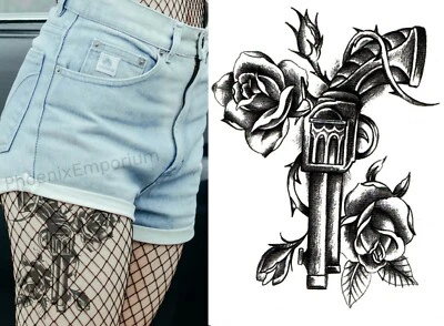 Temporary Tattoo Gun and Roses Flower Fake Body Art Sticker Waterproof