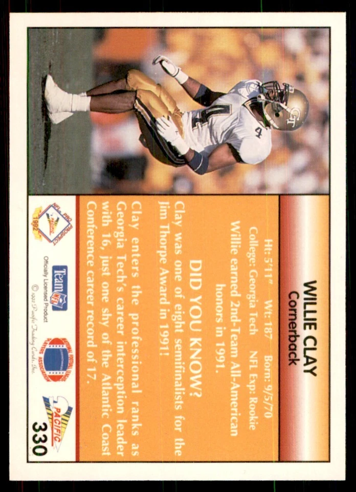 1992 Pacific Willie Clay Football Cards #330 - Image 2 of 2