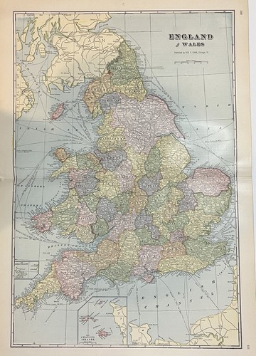 1911 Antique World Map of England & Wales with insert Chanel Islands 15" X 22" - Picture 3 of 3