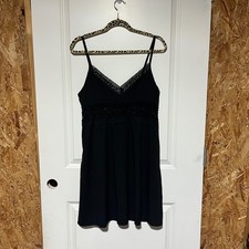 Black Crochet Lace Trim Empire Waist Mini Dress Sleeveless Adjustable Straps M