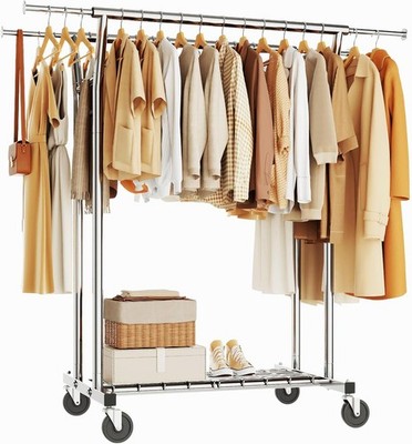 Heavy Duty Rolling Clothes Rack w/ Shelves 700lbs Load Garment Wardrobe Silver