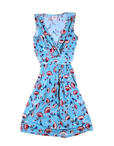 Leona Edmiston Wrap Dress Womens Sz 8 Blue AOP Floral Belted Flared Midi Casual