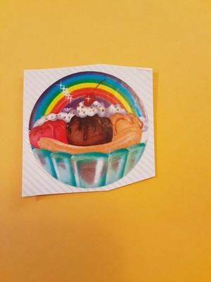 vintage 80's Lisa Frank banana split ice cream sundae sticker  *used*