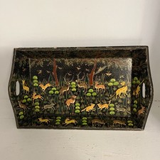 Vintage Hand-Painted Lacquer Wood Serving Tray   Wildlife Forest Scene