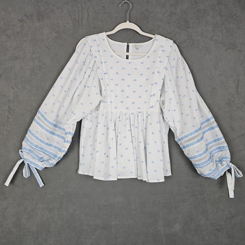 Ella Moss Blouse Womens L White Blue Embroidered Balloon Sleeve Tunic Boho