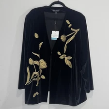 Ming Wang Jacket Plus Size 3X Black Velvet Gold Floral Embroidered Velour NWT
