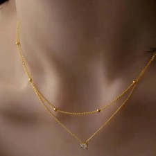 Stainless Steel Zircon Circle Pendant Necklace for Women Double Layer Durable Ch