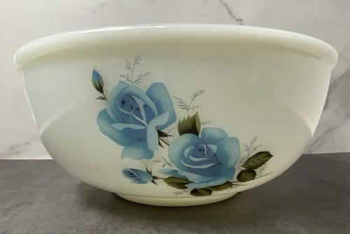 RARE Phoenix of England Opalware Milk Glass Blue Rose LG Mixing Bowl MCM Vintage