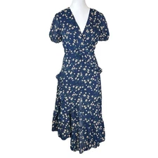 Lulus Petals and Poetry Navy Floral Print Ruffled Asymmetrical Midi Dress Sz XS