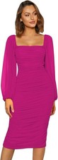 Fashion Ruched Bodycon Mini Dress Size M Cocktail Square Neck Puff Sleeve Pink