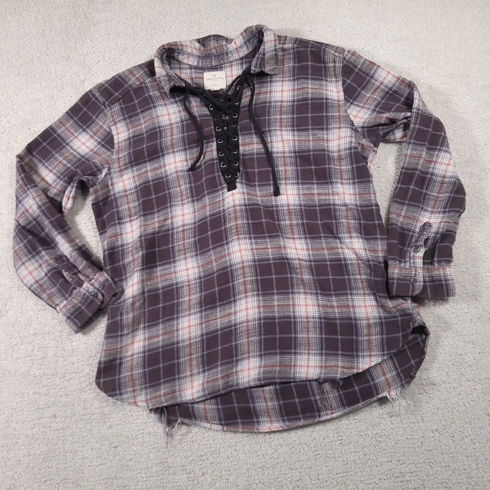 Camisa de franela American Eagle para mujer XL talla grande gris envejecida con cordones Foto 2 de 4