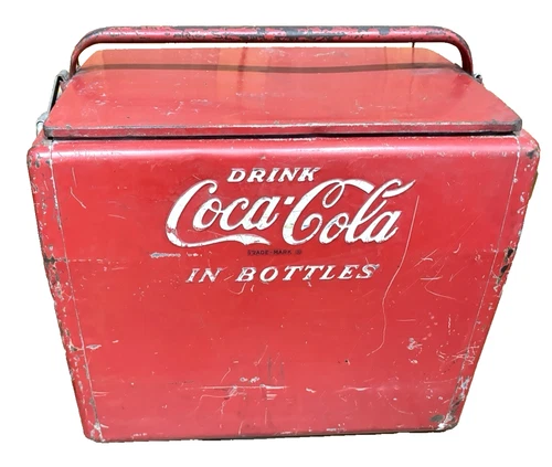 Vintage Coca Cola Red Metal Cooler Ice Chest with Patina Logo & Bottle Opener