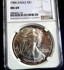 1986-FIRST YEAR- U.S. MINTED-NGC-MS69 SILVER EAGLE .999 FINE SILVER  #4274.