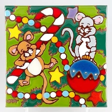 Earthtones Krit "Holiday Mice" Christmas Tile Hand Painted Ceramic Hanging 1995