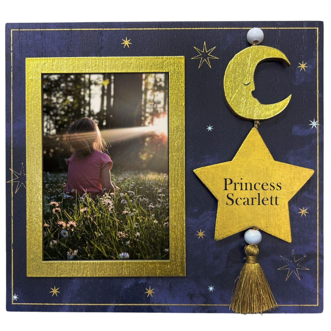 Celestial Photo Frame, star and moon, blue and gold, Personalise with name
