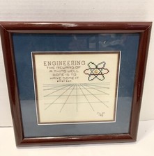 Vintage ENGINEERING Needlepoint Ręcznie robiona sztuka oprawiona 12x12