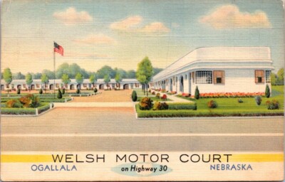Ogallala NE Welsh Motor Court Artist Rendering Nebraska Linen 1940s postcard JQ4