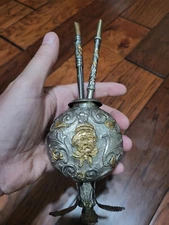 MATE BOMBILLA ARGENTINA ENGRAVED SILVER AND GOLD INLAY RARE BEAUTIFUL FREE SHIP