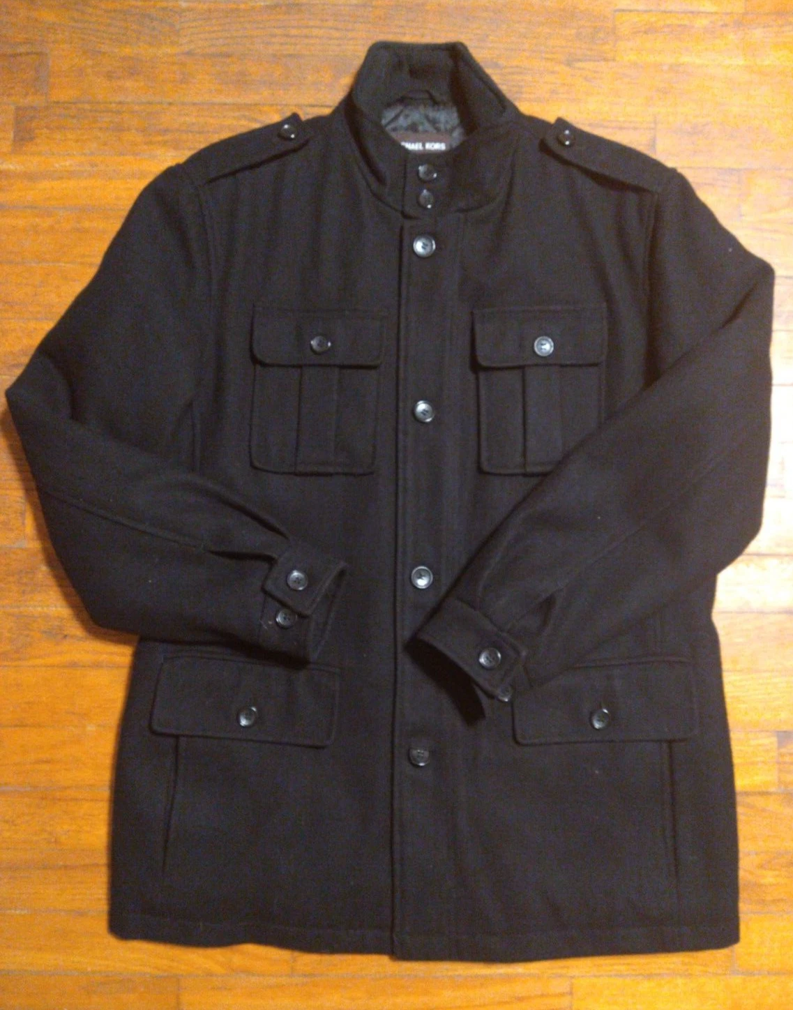 Giacca cappotto Michael Kors misto lana militare trapuntato foderato nero bottoni completi