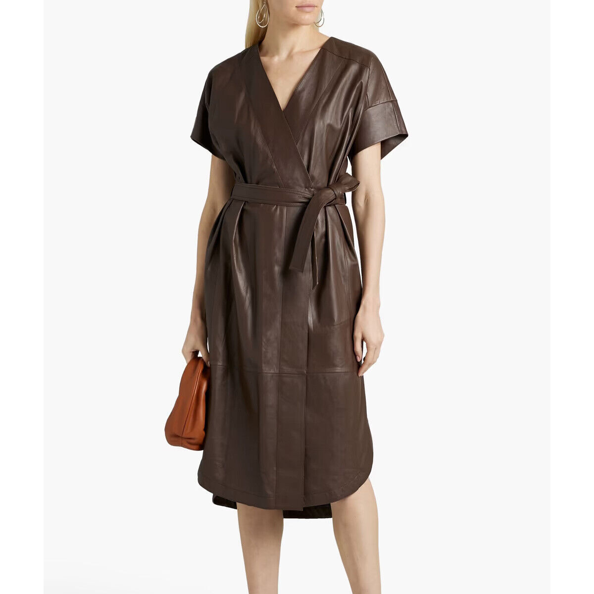 Dark Brown Wrap Style Genuine Leather Dress for Women With Belt At Waist