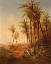 Beautiful huge Oil painting Arabs men portraits with Tropical trees landscape