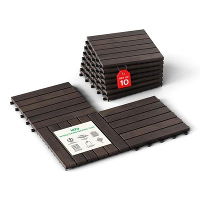 Pack of 10 Deck Tiles - Waterproof Acacia Wood for Outdoor Flooring, Interlockin
