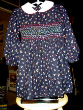 Vintage Hand Smocked 80s Navy Rosebud Print LS Dress 3T
