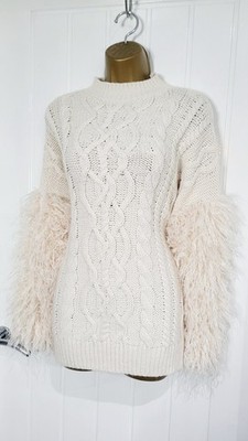 River Island Größe 12 14 Medium cremefarben Grobstrickpullover Zopfmuster Kunstfellärmel sehr guter Zustand