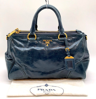Authentic Prada Vitello Shine Leather Blue Tote Bag W/Dustbag NS051059