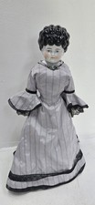 Antique 20in Porcelain China Head Doll Blue Eyes Black Molded Hair Grey Dress